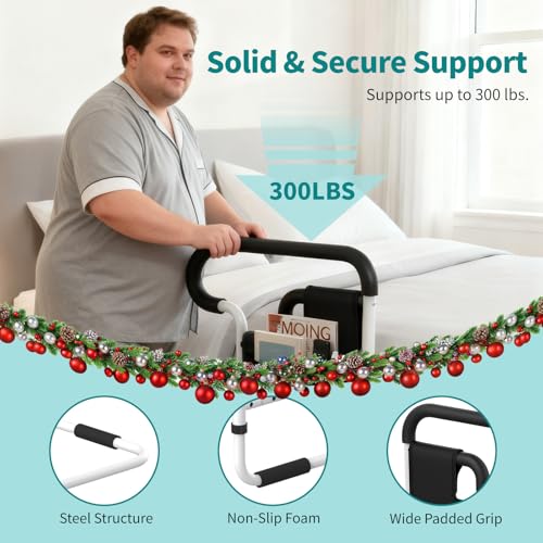 Bed Rails for Elderly Adults Safety, Height and Length Adjustable Bed Assist Rail for Senior, Bedrail with 2 Bag & Strap, Help Get in & Out of Bed, Fit Most Bed, Supports 300 lbs, Tool-Free