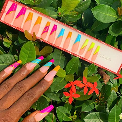 Long Fake Nails Tips - Coffin Luxury Press on Nails Pink Acrylic Ballerina Reusable False Nails for Women and Girls 24Pcs