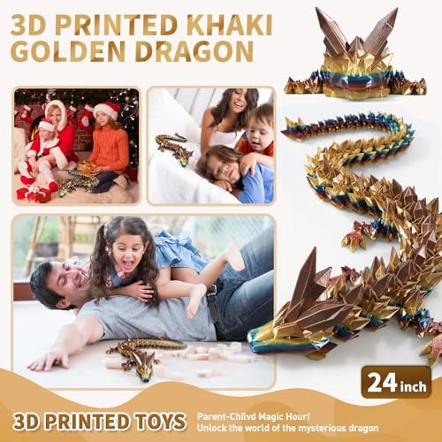 Large 3D Printed Dragon,24 Inch 3D Dragon Toys,Bigger Fidget Crystal Animals Toys, 3D Printed Articulated Animals for Home Office Car Desk Decor (Khaki Gold, 24 inch)