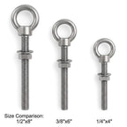 QWORK 3/8"x6" Stainless Steel Shoulder Eye Bolts – 10 Pack Machine Thread Set with Nuts for Metal Frame, Rigging & Cable Mounting