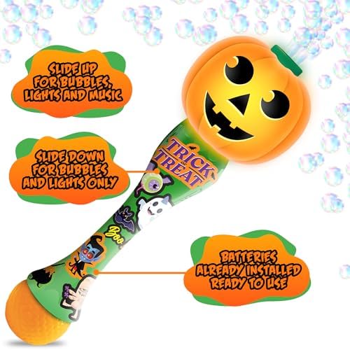ArtCreativity Halloween Bubble Wand for Kids (2 Pack), 14" Light Up Pumpkin Bubble Wand with LED & Halloween Music, Halloween Boo Basket Stuffers for Kids, Halloween Toys for Toddlers