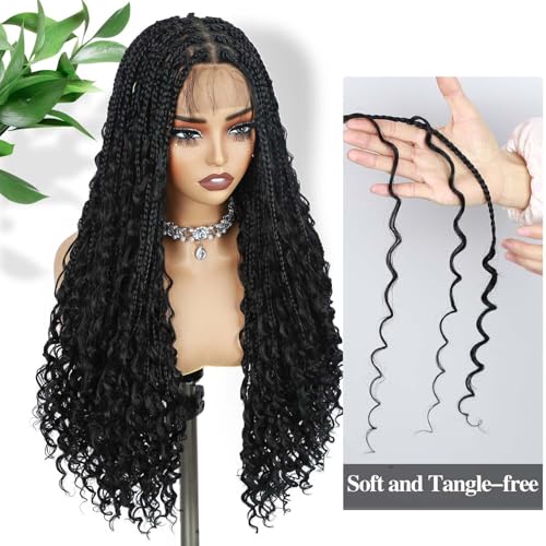 Fancy Hair Braided Wig Square Knotless Boho Box Braided Wigs with Curly Ends Full Double Lace Glueless Braids Wig with Baby Hair Synthetic Black Braided Wig for Black Women