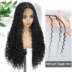 Fancy Hair Braided Wig Square Knotless Boho Box Braided Wigs with Curly Ends Full Double Lace Glueless Braids Wig with Baby Hair Synthetic Black Braided Wig for Black Women