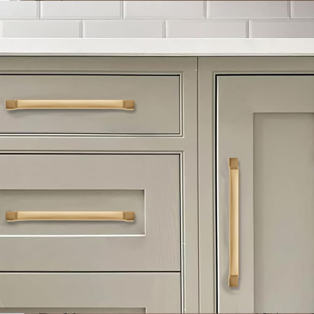 khtumeware 10-Pack 6 Inch Square Brushed Brass Cabinet Pulls, Solid Satin Brass Zinc Alloy Heavy-Duty Handles for Kitchen/Bathroom Cabinets, Drawers & Cupboards (6 Inch Center to Center)