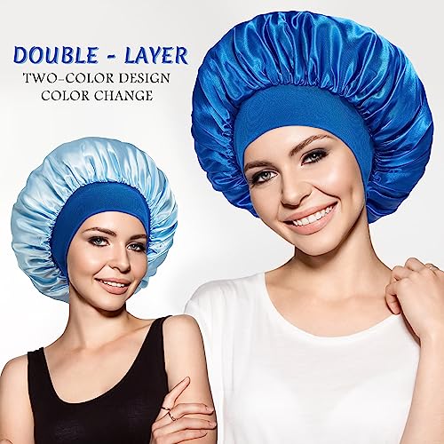 2pcs Double Layer Two-Color Satin Silk Hair Bonnet for Sleeping Women, Reversible Sleep Bonnets for Women, Wide Band Sleep Cap for Curly Hair Braids