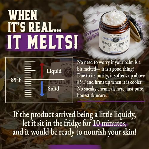 Wrath & Remedy Handmade Whipped Organic Beef Tallow for Skin - 4 OZ (Lavender) — Grass Fed Beef Tallow Moisturizer and Honey Balm for Silky, Sensitive-Skin, Eczema, Rosacea - Free of Harsh Chemicals