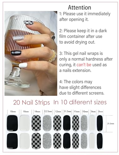 Semi Cured Gel Nail Strips | Check Glitter 20 pcs Semi Cured Gel Nails Sticker | Gel Nail Wraps UV for Home Nails DIY
