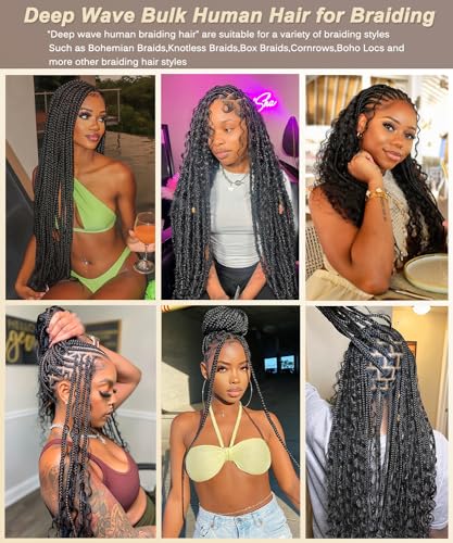 Bulk Human Hair for Braiding - 12A Curly Human Hair Bundles for Black Women - 18 inch(50g), Deep Wave, No Weft, Boho Braids - 100% Unprocessed Brazilian Virgin Human Hair Extensions