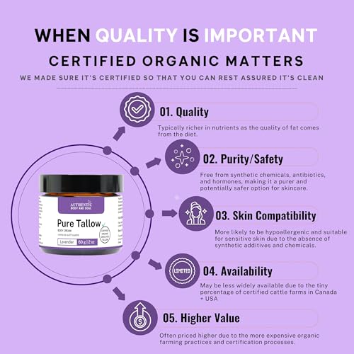 Certified Organic Beef Tallow with Organic Lavender for Sensitive Skin Cream. Delivers Intense Hydration for All Skin Types, Certified Grass-Fed by AGW, by Authentic Body And Soul (Lavender-4oz)