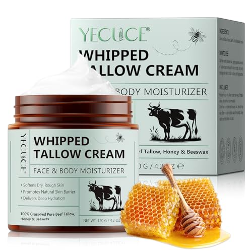 Beef Tallow for Skin 4.2 Oz, Tallow and Honey Balm for Face & Body, Tallow Face Moisturizer, Organic Grass-Fed Whipped Tallow Balm with Raw Honey, Deep Hydration, Soothes Dryness, Repairs Skin Barrier