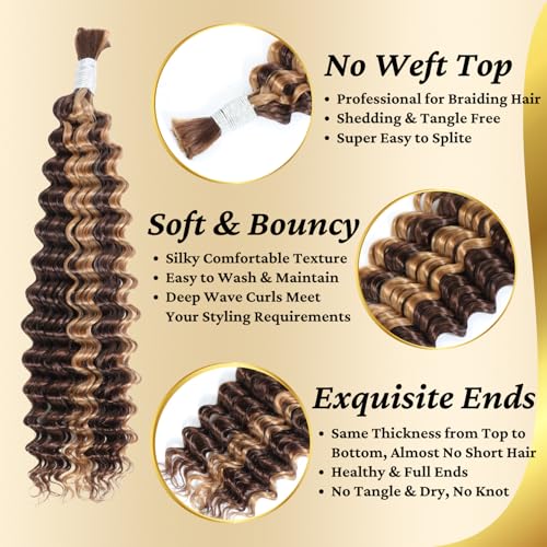 Highlighted Honey Blonde Braiding Human Hair for Boho Knotless Braids 18 Inch 100G FULL BULK, Ombre 4/27 Curly Braiding Hair Deep Wave Human Hair Bulk, No Weft Blonde & Brown Hair Extensions