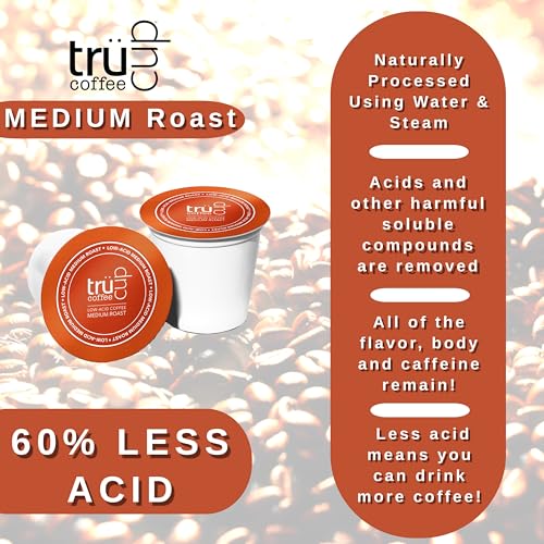 trücup Low Acid Coffee - Medium Roast - 48 Count Single Serve Recyclable Coffee Pods- Smooth, Medium Roast- Can Be Gentle on the Stomach (Medium, 48)