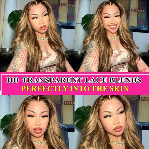 Aaliweya Highlight Lace Front Wigs Human Hair 4/27 Ombre 13x4 Body Wave Lace Frontal Wig for Women 180% Density Glueless Honey Blonde Wig Full and Thick Super Soft 26 inch