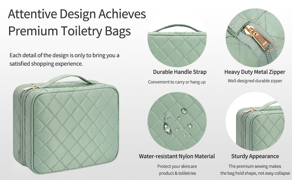 CUBETASTIC Hanging Travel Toiletry Bag, Green Makeup Organizer for Women Men, 3 Compartment Portable Cute Cosmetic Case Water-resistant Small Travel Bag for Toiletries