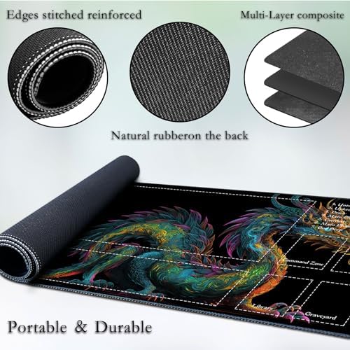 for MTG Game Playmat, for Magic TCG Rubber Play mat,Tabletop Card Playmats with Smooth Surface,Trading Card Inked Game Mat with Zones,Battle Game,Colorful Dragon