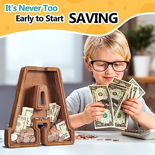 Summidate Customized Name Extra Large Wooden Piggy Bank for Kids Boys Girls Alphabets Letter A-Z Coins Bills Money Change Saving Box (Laser Engraved) Educational Toys 12"- Letter A