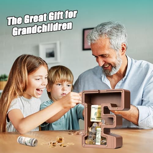 Summidate Wooden Letter Piggy Bank, Extra Thick Large Capacity Piggy Bank for Kids Boys Girls Toddler, Alphabet F Money Bank| Coin Box Birthday, Christmas, Festival