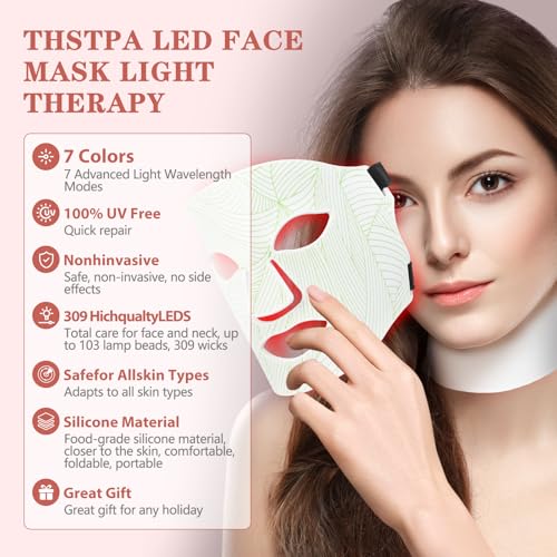 Led Face Mask Light Therapy,Red Light Therapy for Face and Neck,7 Colors LED Facial Skin Care Mask,5 Level Brightness Adjustment,309 LED Beads Can Be Used at Home,White Green