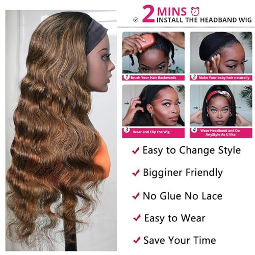 Headband Wig Human Hair Body Wave Headband Wigs for Black Women human hair Blonde Wig 4/27 Highlight Wear and Go Glueless Wig 100% Brazilian Virgin Human Hair Headband wig 150% Density(24inch)