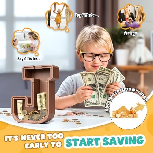 Summidate Wooden Letter Piggy Bank, Extra Thick Large Capacity Piggy Bank for Kids Boys Girls Toddler, Alphabet J Money Bank| Coin Box Birthday, Christmas, Festival