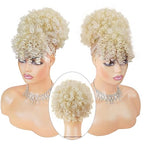 Ceitq Afro Puff Ponytail Extensions with Bangs Drawstring Ponytail for Women Short Kinky Curly Ponytail with Bangs Blonde Clip in Wrap Updo Hairpieces