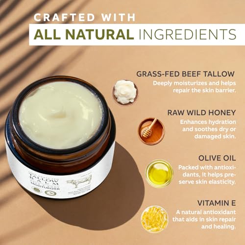 Beef Tallow for Skin, Beef Tallow and Honey Balm, Tallow Face Moisturizer Nourishes and Hydrates the Skin, Grass Fed Whipped Tallow Honey Balm Enriched with Raw Wild Honey 60g