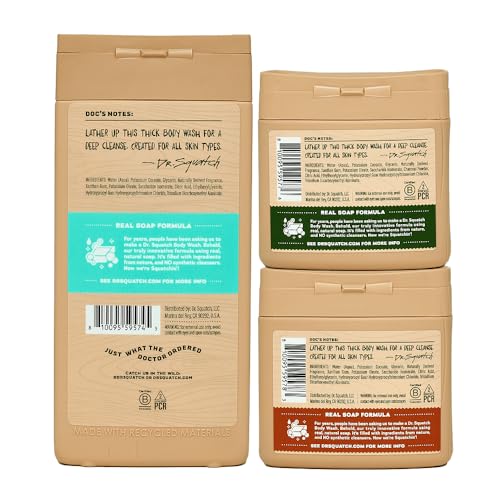 Dr. Squatch NEW Natural Body Wash for Men - Non-Exfoliating - Coconut Castaway (14 oz) + Wood Barrel Bourbon + Pine Tar (8 oz, 2 Pack) + Body Scrubber