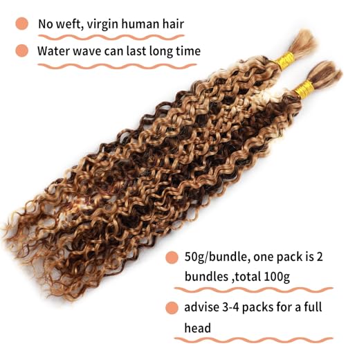 P4/27 Water Wave Bulk Human Hair for Braiding No Weft Highlight Ombre Wet and Wavy Micro Braiding Hair Human Hair Bulk for Boho Box Braids 100g with 2 Bundles 22 Inch