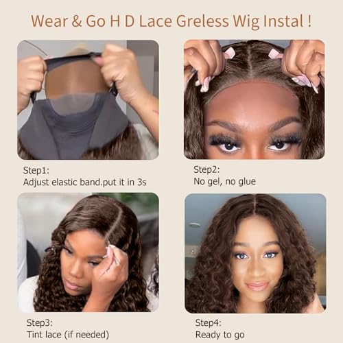 Chocolate Brown Glueless Wigs Human Hair Pre Plucked Pre Cut 180% Density Closure Wigs Human Hair Bob Wig Curly Human Hair Wig Wear and Go Glueless Wig for Women 12 Inches