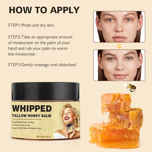 Cebo De Res Para La Cara, Whipped Tallow Honey Balm, Crema De Sebo De Res, Moisturising and Soothing, Grass Fed Grass Finished Organic Face Cream for All Skin Types