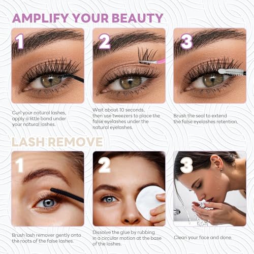 60D Natural Lash Clusters Lash Extensions Kit 252 Pcs Fluffy Eyelash Clusters DIY Individual Lashes Extensions D Curl Left & Right Eyelash Cluster with Bond and Seal and Tweezers