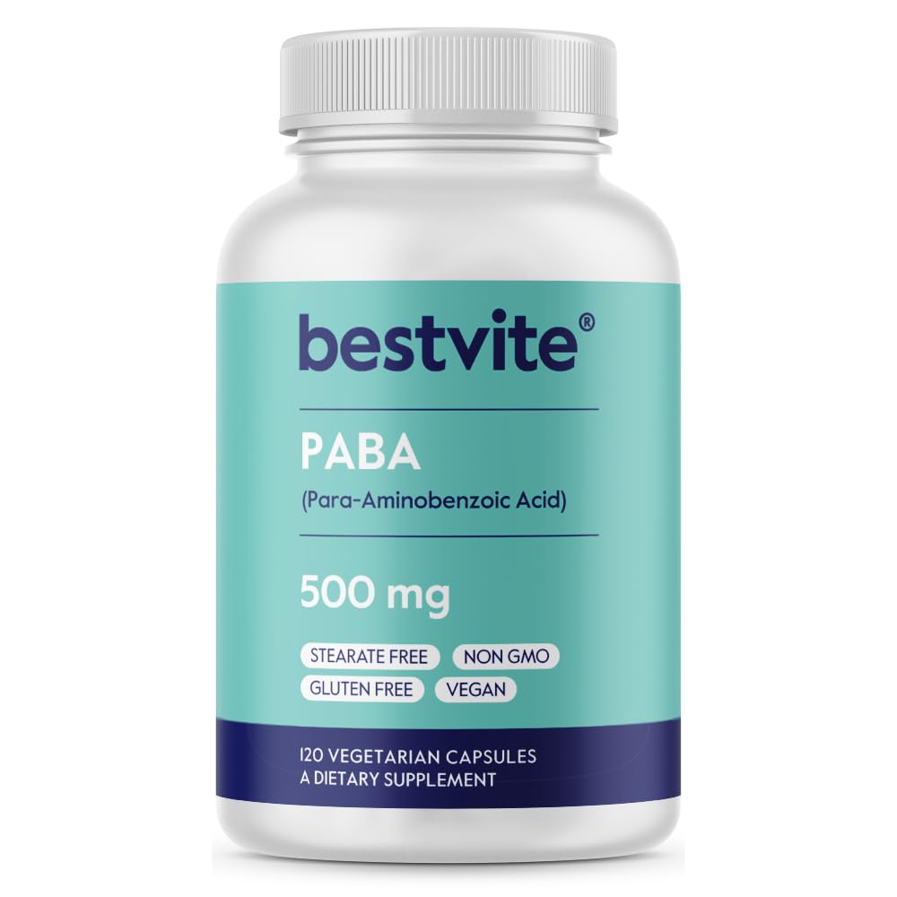 BESTVITE PABA 500mg (120 Vegetarian Capsules) (para-Aminobenzoic Acid) - No Stearates - Vegan - Non GMO - Gluten Free