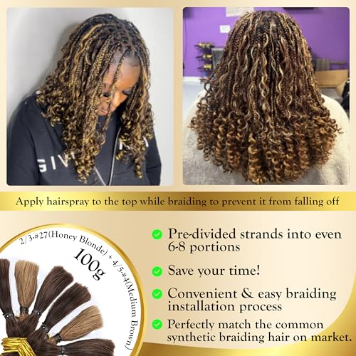 Highlighted Honey Blonde Braiding Human Hair for Boho Knotless Braids 18 Inch 100G FULL BULK, Ombre 4/27 Curly Braiding Hair Deep Wave Human Hair Bulk, No Weft Blonde & Brown Hair Extensions