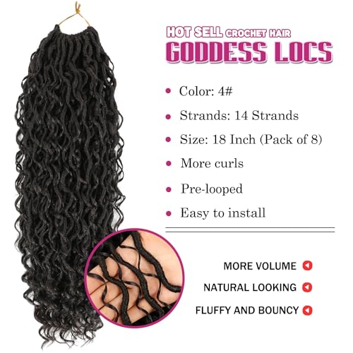 8 Packs Curly Boho Braids Faux Locs Crochet Hair, 18 Inch Goddess Locs Crochet Hair, Hippie Locs, Hair Extensions (18 Inch, 8 Packs, 4#)