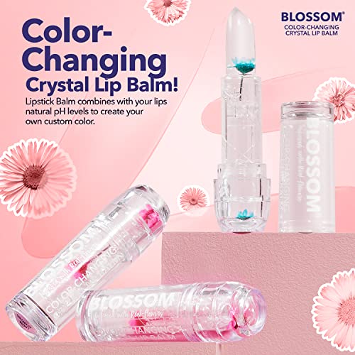Blossom Moisturizing Lip Gloss Tubes, Roll on Perfume Oil, Natural Essential Oils, Scented pH Color Change Lip Balm with Real Flowers, 0.7 fl. oz/15mL, 3 Pack Gift Set, Cherry/Honey Jasmine/Turquoise