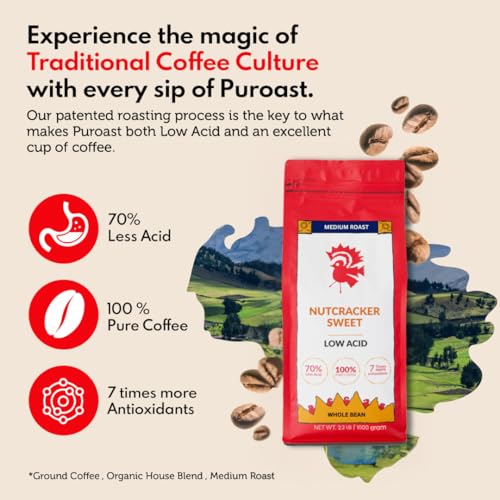 Puroast Low Acid Coffee Flavored Bean | Nutcracker Sweet Whole Bean | Medium Roast | High Antioxidants & High pH |No Bitter Aftertaste | Reduced Heartburn & GERD | Suitable for Cold Brew - 2.2 LB
