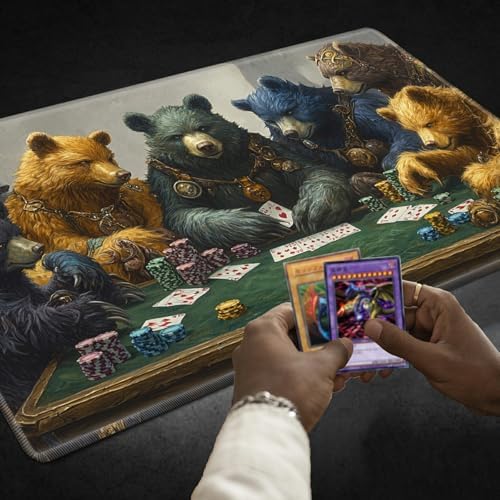Playmats for Magic: The Gathering MTG Card Game Mat Plus 50 Pcs Card Sleeves, 24 x 14 inch TCG Mat with Stitched Edge for Commander Deck Duskmourn Board Game, Bears Play Poker