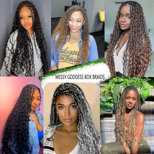 Boho Crochet Braids 9 Packs 24 Inch Goddess Box Braids Crochet Hair for Women Pre-looped Bohemian Crochet Box Braids with Curly Ends Synthetic Braiding Hair Extensions (24inch, OTBUG#)
