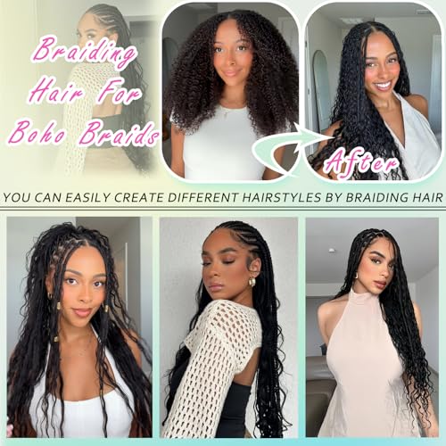 Human Braiding Hair Mix Synthetic Boho Hair for Braiding, 16 Inch 200g Boho Braids 4 Bundles Wet and Wavy Curly Deep Wave Bulk Bohemian Extensions for Black Women (1B, 16inch)