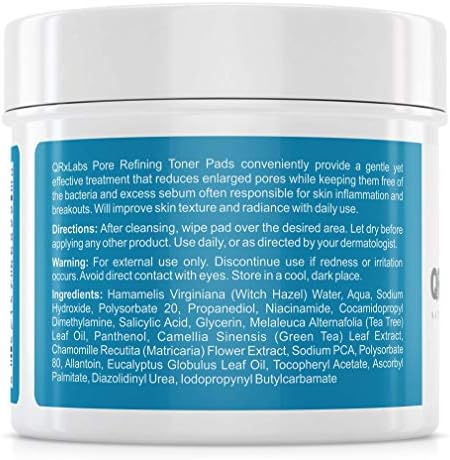 Pore Refining Toner Pads with Salicylic Acid and Niacinamide in a Witch Hazel Solution - with Vitamins B5, C & E, Chamomile & Green Tea - Helps Reduce The Look of Enlarged Pores