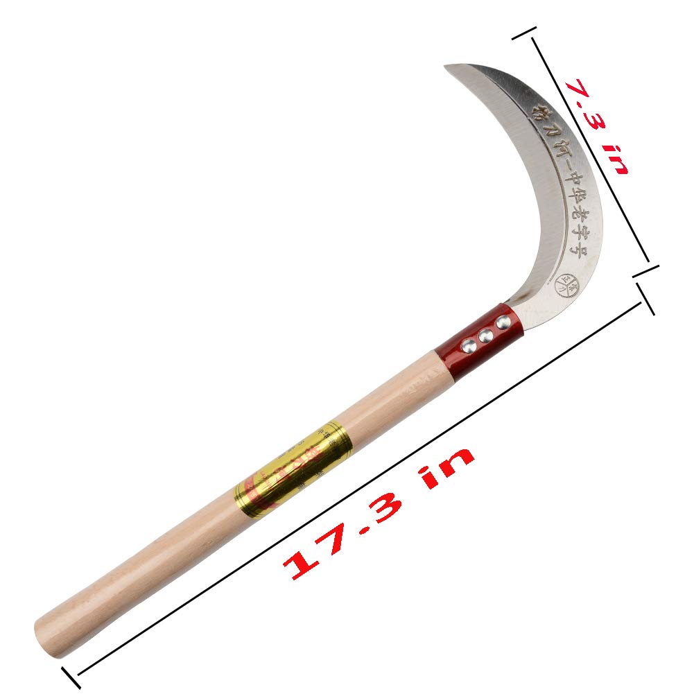 Steel Grass Sickle,Clearing Sickle,Manganese Steel Blade/Hardwood Handle Hand held Sickle Tool - Multipurpose Gardening Weeding Grass Sickle and Farming Portable Safety Sickle