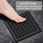 EXF Square Shower Drain 6 Inch Matte Black, Stainless Steel Shower Floor Drain Kit with ABS Flange, Removable Grid Grate, Hair Strainer, Not Fit for Bathtub