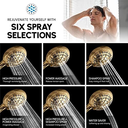 Luxury Spa: ImperialShine Gold Hand Held Shower Head, 4.5 inch 6 Spray Setting Handheld Showerhead with Extra-Long Hose, Experience Comfort and Elegance (Polished Brass/ImperialShine Gold)