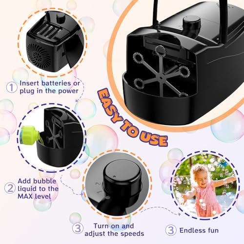 Bubble Machine - 18000+ Bubbles Per Minute, 2 Speed Settings, Battery/USB Powered Outdoor Bubble Blower for Toddlers, Birthday Parties, Weddings (Black)