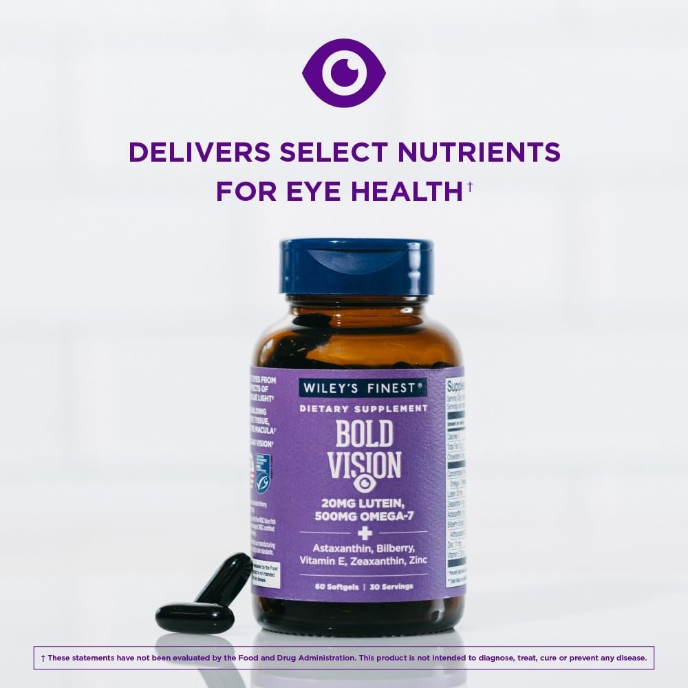Wiley's Finest Wild Alaskan Fish Oil Bold Vision - Fish Oil Eye Health Supplement with Lutein, Zeaxanthin, Bilberry, Omega-7, Vitamin E, and Zinc - 60 Softgels (30 Servings)
