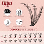 Higu clace DIY Lash Extension Kit, 320pcs Lash Clusters Kit, with Lash Bond and Seal Cluster Lashes Glue Remover Lash Applicator for D curl Eyelash Extension Natural Look at Home(30D+40D-Kit)
