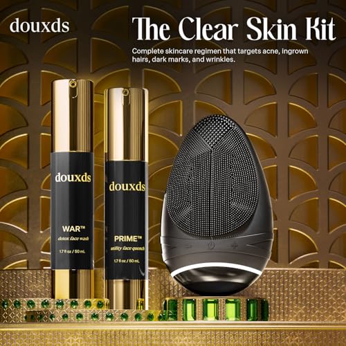 douxds The Clear Skin Kit, FLEX™ Pro Vibrating Face Brush, WAR™ Charcoal Face Wash, PRIME™ Vitamin Face Quench, Skincare for Oily Skin, Men's Skincare Kit, Detox Face Wash