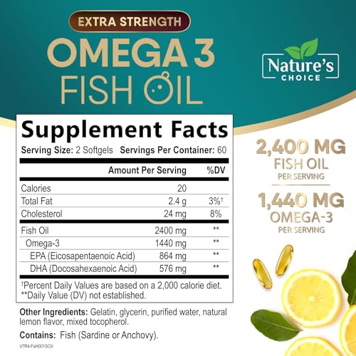 Omega 3 Fish Oil Supplements - 2400mg Fish Oil Per Serving - Triple Strength Omega-3 with Fatty Acids EPA & DHA - Natural Heart, Brain & Immune Support - Wild Caught, Bottled in USA - 120 Softgels