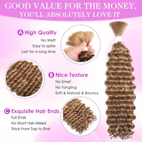 Human Braiding Hair 2Bundles 160g for Bohemian Braids Deep Wave Human Braiding Hair for Boho Braids No Weft Freetress Honey Blonde Human Hair for Braiding Hair 24 Inch (27#)