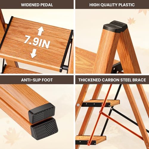 GameGem 3 Step Ladder, Folding Step Stool with Anti-Slip Wide Pedal, Aluminum Material Lightweight Yet Sturdy, 300 Lbs Load, Cute Modern Apperance for Indoor Household Spaces